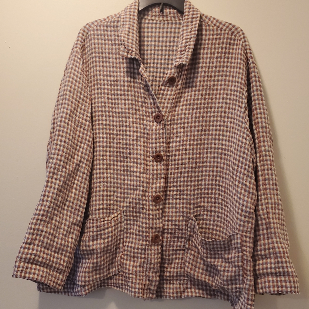 FLAX Linen Plaid Button Up Long Sleeve Top